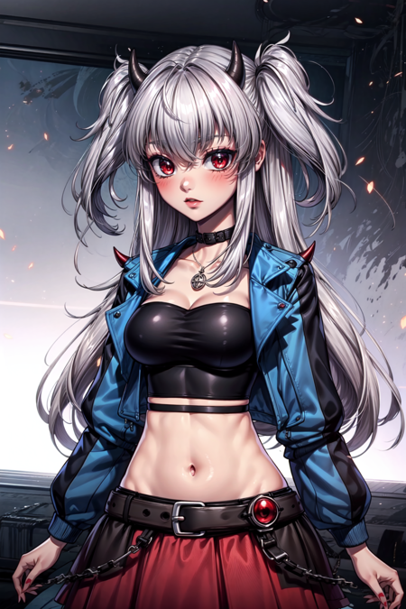 lucypyre, midriffs, jacket, red skirt, horns, grey hair, long hair, twintails, red eyes