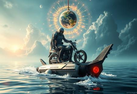 Create a high-quality, lifelike digital artwork in the style of Makoto Shinkai and Ruan Jia, featuring an Ancient Gear Soldier sitting on top of a futuristic boat with a bike integrated into the design, surrounded by a pulsating, dreamlike water background and the Orb of Dreams suspended above, all rendered in 4K resolution with intricate, golden ratio-inspired details and trending on Artstation.