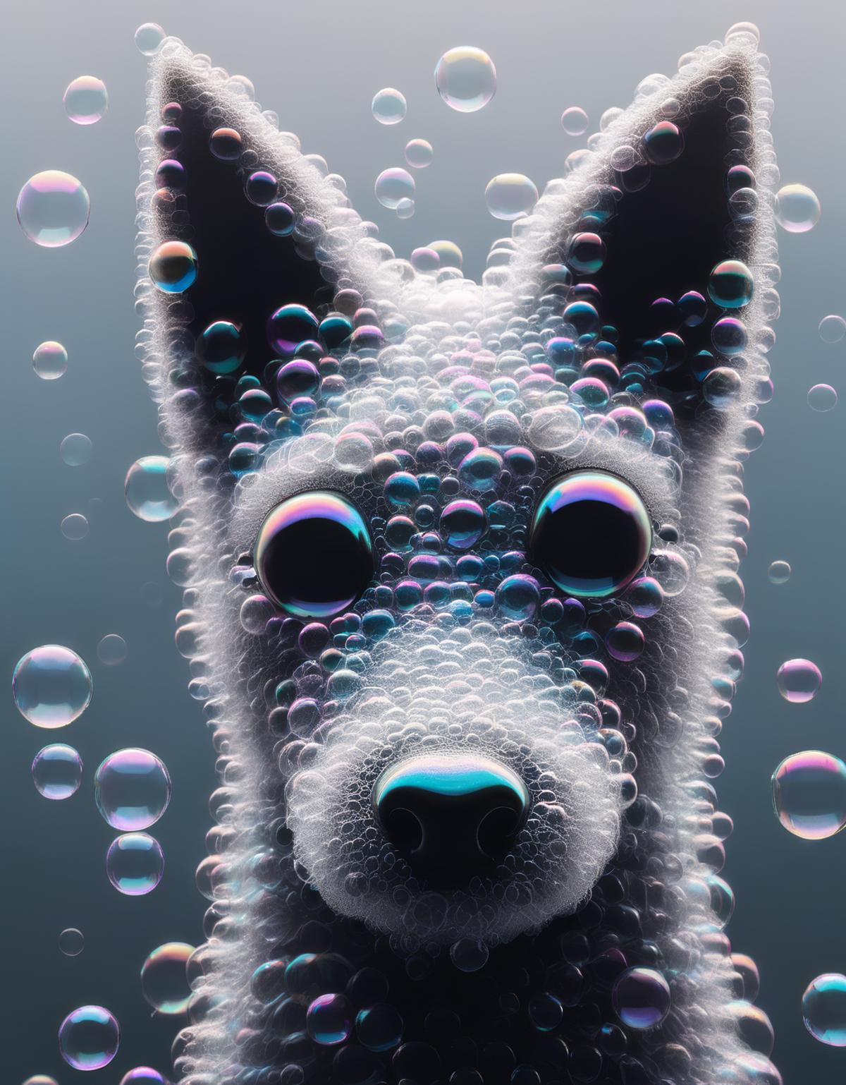 A dog's face covered in bubbles and a purple background.