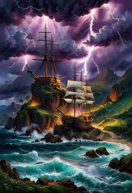 Oil pastel landscape scene where sea waterspout storm with lightning is the focal point. The storm dominates the skyscape while in the foreground a tall pirate sailboat in a steep mountain pass. ((Highest quality: 1.0), (High resolution: 1.0), (masterpiece: 1.0), beautiful and aesthetic: 1.3), extremely detailed, colorful, very detailed, ((ultra-detailed)), (highly detailed CG illustration), ((Dark and purple hues, shadow, mysterious,)),