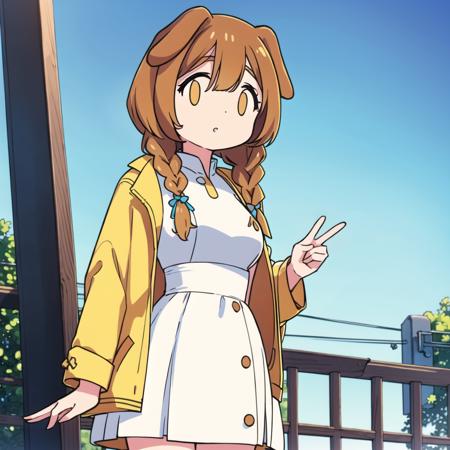 Korone, dog girl, dog ears,twin braids, sidelocks, hair ornament, medium breasts, ((white dress)), yellow jacket, dress, jacket, open clothes, open jacket, sleeveless dress, short dress, <lora:ma_meme_fx-13:0.8>, <lora:inugamiKorone_v10:0.4>,  sky, day, outdoors