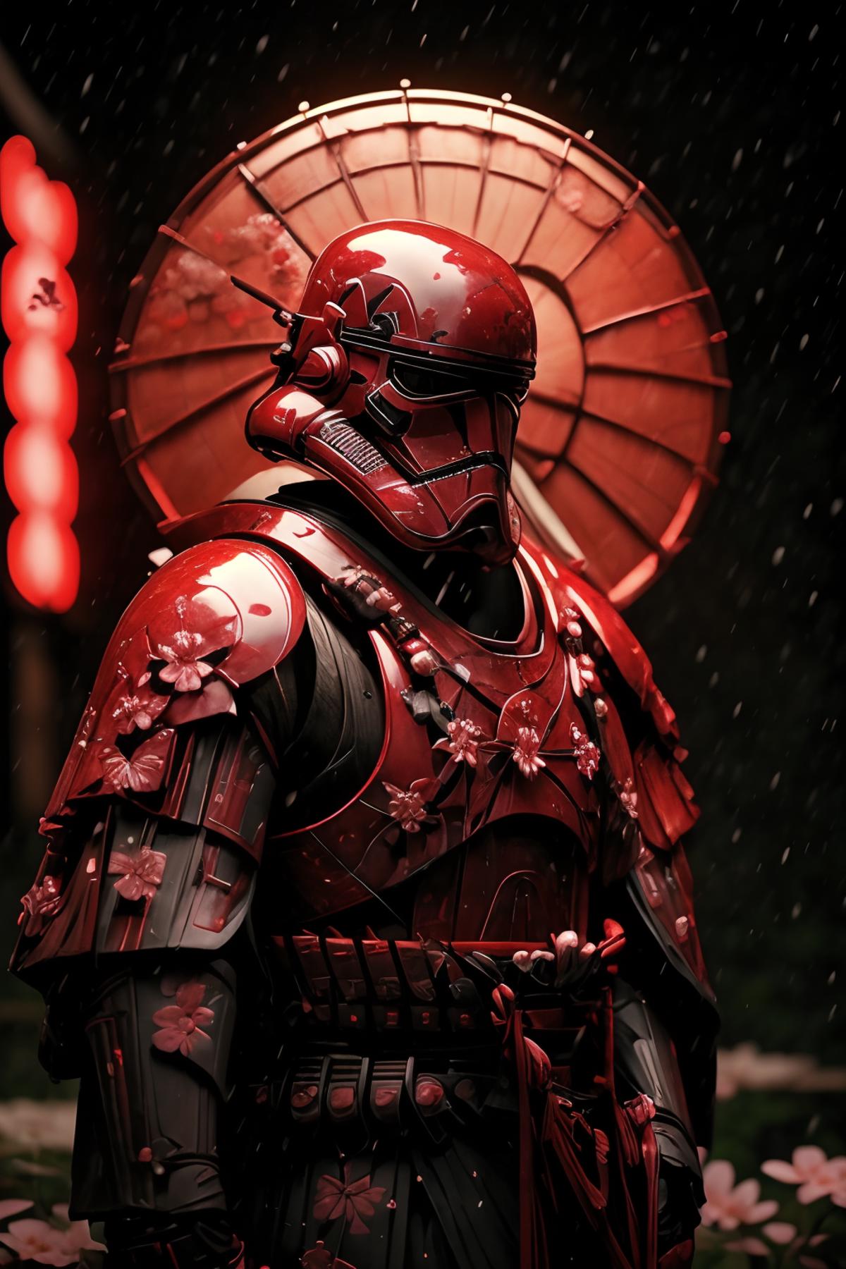 A red stormtrooper in a red and black armor with a red umbrella in the background.