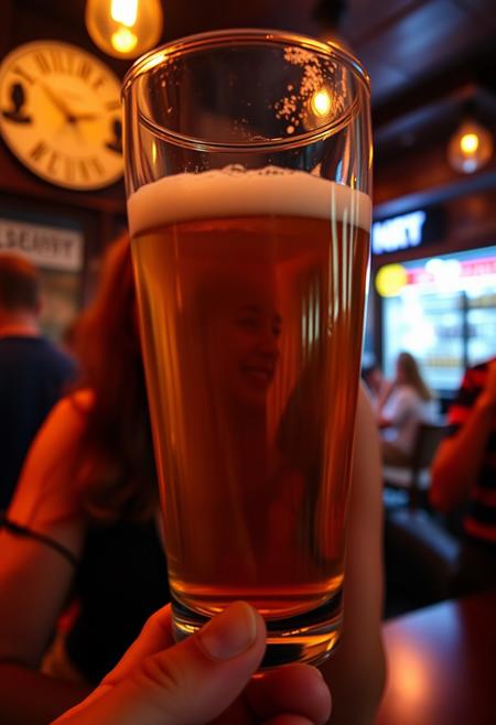 pov, in a new york bar, late saturday, we see a plum woman smiling at us, her image is also visible as a reflection inside the beer glass we're holding, the reflection is altered making the woman look slim and fit. This is a poster warning of the effects of alcohol distorting reality.