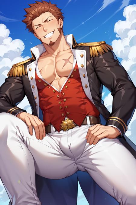 napoleon bonaparte \(fate\), fate \(series\), fate/grand order, blue eyes, brown hair, short hair, long sideburns, facial hair, goatee, scar on chest military uniform, napoleon bonaparte uniform\(fate\), white collared shirt, partially unbuttoned shirt, red vest, partially unbuttoned vest, black jacket, long sleeves, epaulettes, white pants, belt, black boots