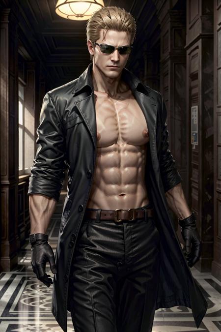 AlbertWeskerRE, 1boy, male focus, pants, black pants, gloves, solo, black gloves, belt, pectorals, short hair, open clothes, coat, blonde hair, sunglasses, nipples, navel, indoors, looking at viewer, standing, muscular male, open coat, abs, jacket, window, glasses, closed mouth, blurry, muscular, blurry background, long sleeves
,masterpiece, best quality, cinematic lighting,
<lora:epi_noiseoffset2:1>,  <lora:AlbertWeskerRE:0.7>