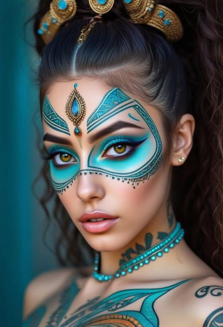 High fashion photography, Professional fashion, hyper-realistic, 1girl, arab, supermodel, beautiful detailed face and eyes::3, beautifully complex colored iris::5, sexy::5, colorful intricate full face paint and tattoos::3, delicate and sleek lines, unique details, symmetrical composition and exquisite details, combines futuristic and traditional details, detailed crazy hair, zen style, folklore, majestic, weird, very aesthetic, ethereal, timeless, modern, avant-garde, neo mode, near future, stylish, cool, cyberpunk, mysterious charm, sensual aura, surreal, wild, vibrant, fluid, hippy, free, solstice, acrylic, curvilinear, rectilinear, digital material, innovative materials, natural elements, Naturalism Fusion, these fashion forms are rich in symbolism and meaning, extreme detailed, engaging with space, interplay of light and shadow, artistic statement, beautiful colors, vibrant colorings, wide range of colors, high dynamic, raw photo, photorealistic, ultra photoreal, artistic photorealism::5, amazing depth, bokeh, ultra-high definition picture quality, high-resolution, 32k, slow shutter speed photography,::1,tatoogirl