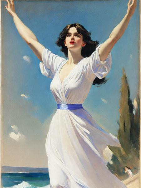 <lora:JohnSingerSargent:1>a painting of a woman holding her arms up in the air with her hands in the air by John Singer Sargent