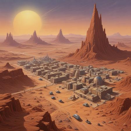 A pastel painting by "J. Carter", a young government scientist, depicting a fantastical city on Mars, science-fiction city, painted in the 1940's, the city is called Mars Alma