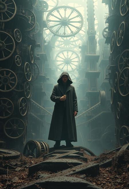 Create a hauntingly beautiful scene of a vast, abandoned clockwork cathedral, with intricate gears and mechanisms stretching up towards the sky like a mechanical forest. In the center of the image, a lone figure stands amidst the clockwork, surrounded by a halo of soft, pulsing light. The figure is dressed in a long, flowing coat with a hood, and is holding a delicate, antique-style pocket watch in one hand. The clockwork is covered in a thick layer of dust and vines, and the air is filled with the faint scent of old oil and decay. The figure is a representation of the collective memory of humanity, with a face that is a composite of countless faces and eyes that are black holes of forgotten knowledge. Style: surreal, industrial, mystical. Colors: muted, industrial, glowing. Highest-Quality, 4k