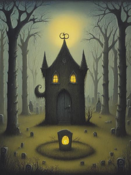 <lyco:JohnKennMortensen:1.0> John Kenn Mortensen style ground level shot, incredibly detailed front shot painting of a cute whimsical monster in a graveyard,