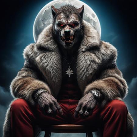 Detailed werewolf with red eyes , furcoat, moon in the background, sitting in a chair, evang, detailed face, detailed hair