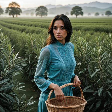 (analogue photo) of a beautiful 25 years woman with olive skin, ((dark hair)) , dark eyes, <lora:Corinna_SDXL_v2:0.5>   ,Vietnamese Tea Harvester in Highland Mist Wearing a conical nón lá and blue cotton tunic, she collects fresh leaves into a wicker basket. Rolling mist envelops the plantation rows, while low sunrise light glistens off morning dew. Slight wide angle showing pattern repetition.,high quality, film grain, Fujifilm XT3, 8k uhd, dslr, film grain, kodak tri-x 400 film, grain photo DOF, faint lighting, dynamic angle, cinematic, Depth of field, bokeh, best quality, cinematic, light particles, highly_detailed, very_aesthetic, golden hour, beautiful_and_aesthetic ,Sexy pose, erotic pose, exhibitionism ,tropical poolside