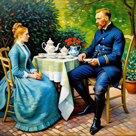 Van gogh oil painting with very rough paint strokes, low detail impressionistic painting, visible paint strokes, An officer with a lady at tea party in Victorian garden, dominant male, submissive female, Dress hanging over chair, man holding lady