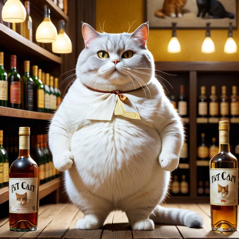 A Fat Cat Standing on a Table in Front of a Shelf Full of Wine Bottles.