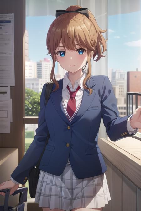 akatsukiminami, <lora:akatsuki minami s1-lora-nochekaiser:1>,
akatsuki minami, blue eyes, brown hair, ponytail, hair bow, sidelocks, black bow, smile,
BREAK shirt, school uniform, jacket, white shirt, necktie, collared shirt, blazer, red necktie, red skirt, skirt,
BREAK indoors, classroom,
BREAK looking at viewer, (cowboy shot:1.5),
BREAK <lyco:GoodHands-beta2:1>, (masterpiece:1.2), best quality, high resolution, unity 8k wallpaper, (illustration:0.8), (beautiful detailed eyes:1.6), extremely detailed face, perfect lighting, extremely detailed CG, (perfect hands, perfect anatomy),