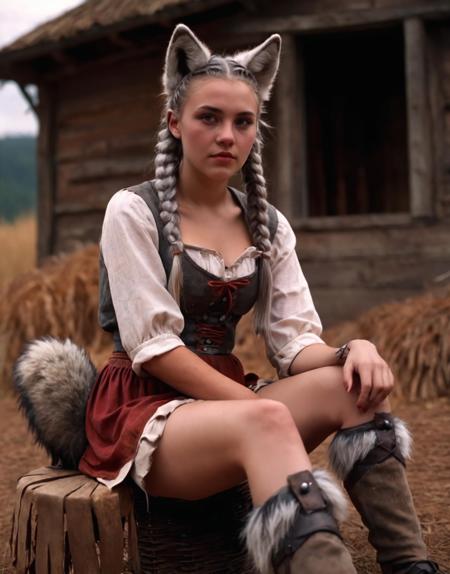 cinematic film still, young woman, peasant costume, ((sitting)), gray cornrows, wolf ears, wolf tail, wolf legs, skimpy