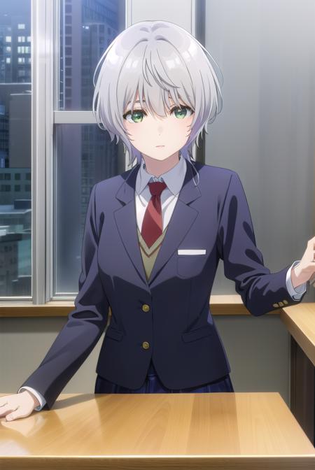 fuukakikuchi, <lora:fuuka kikuchi s1-lora-nochekaiser:1>,
fuuka kikuchi, short hair, bangs, hair between eyes, (green eyes:1.3), grey hair,
BREAK skirt, shirt, long sleeves, school uniform, jacket, white shirt, pleated skirt, necktie, collared shirt, plaid, plaid skirt, blazer, red necktie,
BREAK indoors, classroom,
BREAK looking at viewer,
BREAK <lyco:GoodHands-beta2:1>, (masterpiece:1.2), best quality, high resolution, unity 8k wallpaper, (illustration:0.8), (beautiful detailed eyes:1.6), extremely detailed face, perfect lighting, extremely detailed CG, (perfect hands, perfect anatomy),