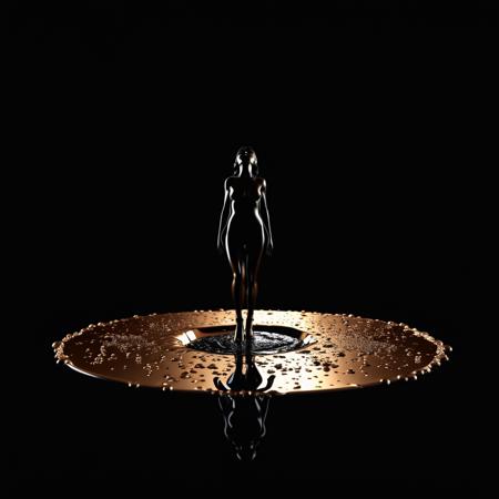 female silhouette rising up from a bronze shiny liquid puddle, (masterpiece),(high quality), best quality, real,(realistic), super detailed, (full detail),(4k),8k, facing viewer, low details, black background