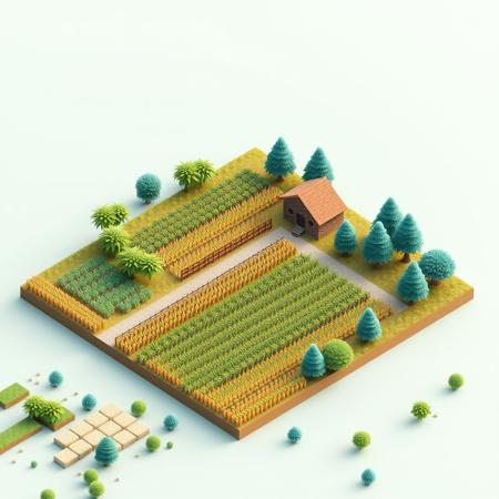 (isometric view,miniature:1.5),CG,8k,3d,gradation,summer,(farm,flower, wheat field, corn field, forest)