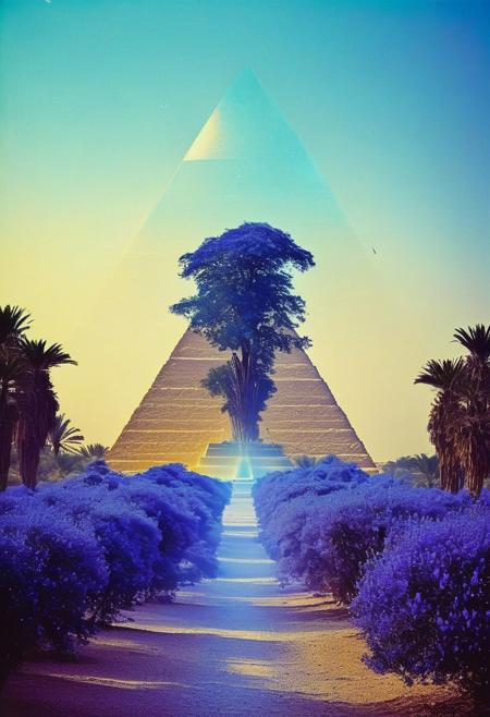 ()Hyoer Realistic:2.0)Polaroid picture 
an image of Ancient Egyptian pyramids, bathed in golden light, as a shimmering portal materializes beneath. The portal's iridescent glow illuminates the desert sands, beckoning travelers to enter. Capture the contrast between the ancient structures and the (futuristic, utopian universe within, teeming with lush vegetation, gleaming spires, and hovering spacecraft. Incorporate a sense of wonder and discovery, as the secrets of the pyramids unlock a gateway to a brighter, intergalactic future: 2.1)
BREAK 
🌳 Stunning Blue Jacaranda Tree 🌳
This magnificent Jacaranda tree is a true showstopper, with its canopy completely covered in a vibrant, almost unreal shade of blue flowers. The dense, puffy clusters of blossoms create a breathtaking, architectural display that commands attention and adds a touch of enchantment to the well-designed garden landscape.