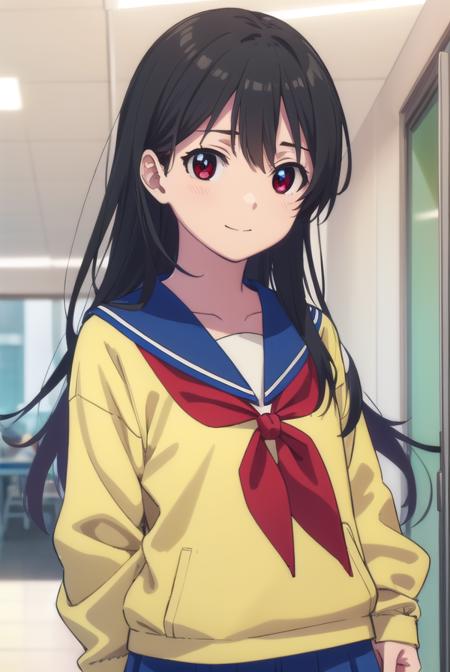 inarifushimi, <lora:inari fushimi s1-lora-nochekaiser:1>,
inari fushimi, long hair, black hair, (red eyes:1.3), smile,
BREAK skirt, school uniform, serafuku, blue sailor collar, shirt, (light yellow shirt:1.5), long sleeves, blue skirt, neckerchief, (red neckerchief:1.5),
BREAK indoors, classroom,
BREAK looking at viewer, (cowboy shot:1.5),
BREAK <lyco:GoodHands-beta2:1>, (masterpiece:1.2), best quality, high resolution, unity 8k wallpaper, (illustration:0.8), (beautiful detailed eyes:1.6), extremely detailed face, perfect lighting, extremely detailed CG, (perfect hands, perfect anatomy),