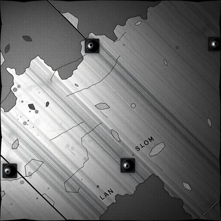 sheet metal floor tile overhead view, in a black and white lineart style as a tile from a video game tileset, viewed directly from overhead, flat 2D minimalist style, black and white monochrome
