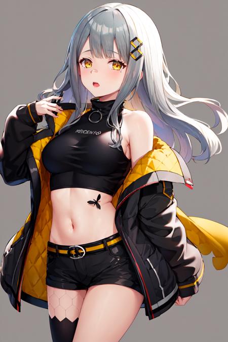 masterpiece, best quality, highres, 1girl, solo, shorts, virtual youtuber, yellow eyes, single thighhigh, thighhighs, long hair, navel, jacket, midriff, grey hair, crop top, off shoulder, black shorts, breasts, hair ornament, black shirt, black thighhighs, short shorts, shirt, belt, open clothes, bangs, bare shoulders, black jacket, medium breasts, sleeveless, <lora:hachi_(original)_v1:0.6>