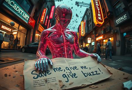 “Plastic Man morphing into a report, blending human and document features with intricate high-technology details. His body exhibits glossy, translucent plastic textures merging seamlessly with the crumpled, paper-like surface of the report, complete with printed text and digital data flowing through the pages. Random, glowing, fancy spots illuminate the scene, resembling futuristic bio-luminescence. A rotten piece of cardboard lies in the foreground, damp and crumpled, with bold, messy handwriting that reads: ‘Save me, give me buzz!’ The background is a chaotic, shifting mix of surreal abstract elements—an urban street corner, glowing neon signs, and floating mechanical parts—creating a random, futuristic landscape. Rendered with cinematic prime lens effects, using a fisheye 12mm perspective for dramatic distortion and dynamic depth, showcasing surrealism with stunning visual clarity.”