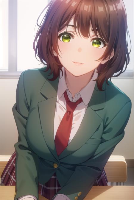 aoihinami, <lora:aoi hinami s1-lora-nochekaiser:1>,
aoi hinami, short hair, bangs, brown hair, (green eyes:1.5), smile,
BREAK skirt, shirt, long sleeves, school uniform, jacket, white shirt, pleated skirt, necktie, collared shirt, plaid, plaid skirt, blazer, red necktie,
BREAK indoors, classroom,
BREAK looking at viewer,
BREAK <lyco:GoodHands-beta2:1>, (masterpiece:1.2), best quality, high resolution, unity 8k wallpaper, (illustration:0.8), (beautiful detailed eyes:1.6), extremely detailed face, perfect lighting, extremely detailed CG, (perfect hands, perfect anatomy),