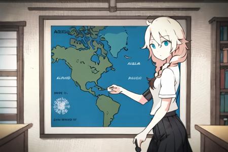 a woman holding an umbrella in front of a window with a map of the world behind her and a coin in front of her, 1girl, solo, long_hair, blue_eyes, blonde_hair, shirt, holding, white_shirt, braid, short_sleeves, indoors, twin_braids, window, umbrella, expressionless, ia_\(vocaloid\)