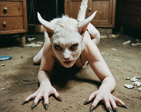 playful atmosphere,exploration,creeping,Time Travel Facility,uncensored,domestic animal,pale complexion,There are fates worse than death,Slashing with talons young,sexy,film grain texture,analog photography aesthetic,visual storytelling,dynamic composition,looking at viewer,eye contact,nsfw,