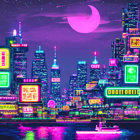 <lora:pixelart-08:0.9>pixelart  outdoors, sky, cloud, no humans, night, moon, cat, building, star (sky), night sky, scenery, city, sign, cityscape, black cat, crescent moon, power lines, skyscraper, purple sky, neon lights, pink sky