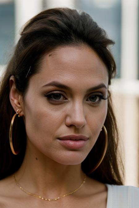 Realistic photo of a beautiful 4ng3l1n4j-v2 woman,   1girl, solo, long hair, looking at viewer, brown hair, jewelry, upper body, earrings, parted lips, teeth, lips, portrait, forehead, hoop earrings, realistic, nose, soft lighting, professional Photography, Photorealistic, detailed, RAW, analog, sharp focus, 8k, HD, DSLR, high quality, Fujifilm XT3, film grain, award winning, masterpiece<lora:4ng3l1n4j-v2:1.0>