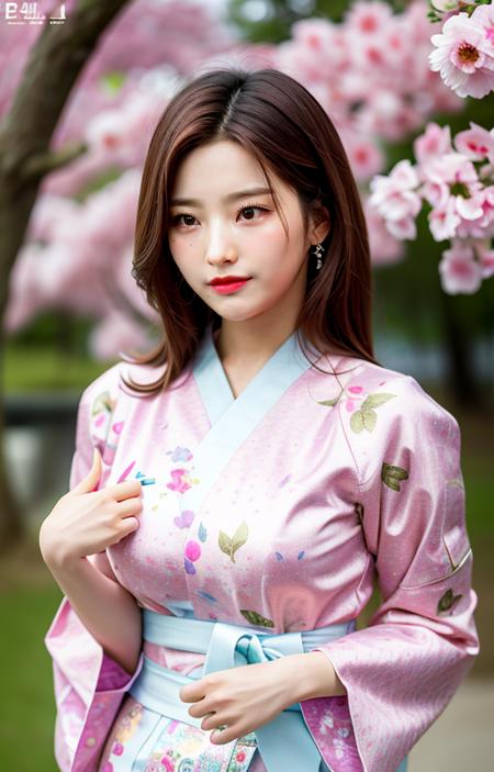 saerom,Nikon RAW photo,8 k,Fujifilm XT3,masterpiece, best quality, realistic, photorealistic,ultra detailed,1girl,solo, close up portrait, looking at viewer, smile, standing in sakura pink bloom, wearing kimono, flower petal, <lora:saerom:1>