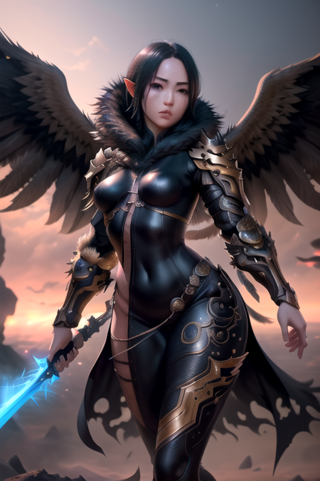 <lora:jinsoyunV4:0.6>jinsoyun,1girl, solo, breasts, black hair, holding, weapon, wings, pointy ears, sword, holding weapon, armor, lips, bodysuit, shoulder armor ,(realistic:1.2), (realism), (masterpiece:1.2), (best quality), (ultra detailed), (8k, 4k, intricate),(full-body-shot:1), (85mm),light particles, lighting, (highly detailed:1.2),(detailed face:1.2), (gradients), sfw, colorful,(detailed eyes:1.2)(detailed background),detailed landscape, (dynamic angle:1.2), (dynamic pose:1.2), (rule of third_composition:1.3), (Line of action:1.2)