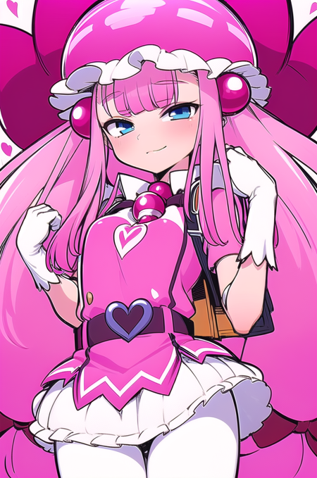 loli (mesugaki) flat chest [blunt bangs] very long hair (((volumey hair))) pink hair quadruplettail pink bomb hair bobbles blue eyes magical girl clothes,button, backpack, gloves,white pantyhose Polka dot pattern hat