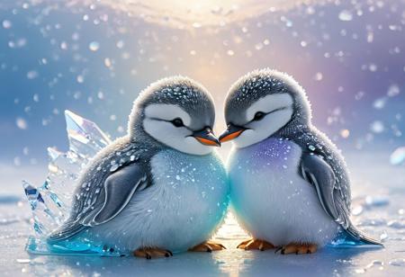 two adorable chibi penguins hugging on the ice, 
snowy icy artic background, 
Broken Glass effect, 
no background, 
stunning, 
something that even doesn't exist, 
mythical being, 
energy, 
molecular, 
textures, 
iridescent and luminescent scales, 
breathtaking beauty, 
pure perfection, 
divine presence, 
unforgettable, 
impressive, 
breathtaking beauty, 
Volumetric light, 
auras, 
rays, 
vivid colors reflects