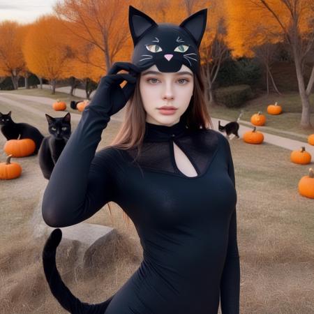 a photo of Dasha Taran, ohwx woman, wearing a cat costume, Halloween, decorations, trick or treat, detailed skin, scenic background <lora:dashataran_SDXL:0.85>