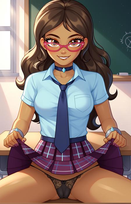 ChestNutQuill brown hair, brown eyes, long hair, dark skin, dark-skinned female, freckles, glasses