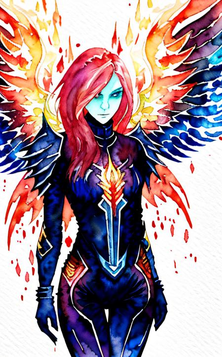 ((Bleeding watercolor)),female fire elemental, slender woman, ember glowing eyes, flame hair with white highlights, fire seraph, flame wings, lava armor, fully clothed, subsurface scattering, ((bright neon colors)), ink bleeding, water color effect <lora:flat_color:1> flat color,