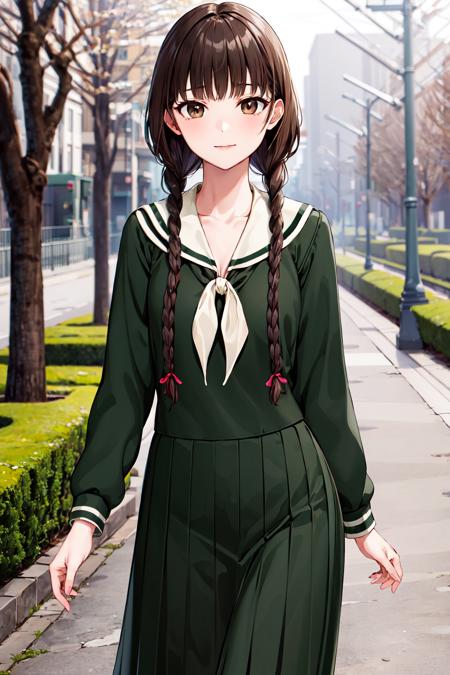 masterpiece, best quality, highres, aayoshino, long hair, twin braids, brown eyes, hair over shoulder, school uniform, sailor collar, neckerchief, green shirt, sailor shirt, long sleeves, green skirt, long skirt, <lora:shimazu_yoshino_v1:0.7>, standing, cowboy shot, outdoors,