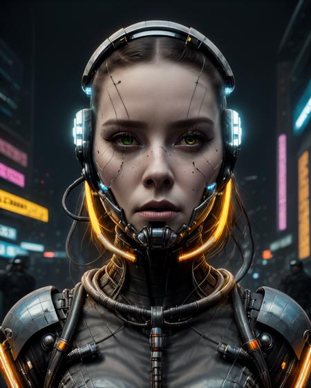 1girl, solo, looking_at_viewer, helmet, portrait, science_fiction, realistic, cable, cyborg, cyberpunk , <lora:CP_SD15:1>