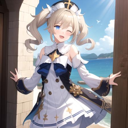 ((masterpiece)),(best quality),official art,extremely detailed CG,unity 8k wallpaper,ultra detailed,A lighthouse on a cliff by the sea,1girl,solo,cowboy shot,looking at viewer,twintails,;d,blue_eyes,long_hair,white_dress,white_pantyhose,blonde_hair,star_\(symbol\),hat,twin_drills,drill_hair,bangs,latin_cross,blue bow,hair_ornament,frilled_dress,long_sleeves,bare_shoulders,white_headwear,detached_sleeves,medium breasts,<lora:Barbara(gen)>,