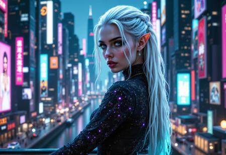 Masterpiece, best quality, ultra-detailed photorealistic portrait of a stunningly beautiful young woman with delicate elven ears and flawless porcelain skin. Her long, silver-white hair is styled in an intricate braid, with loose strands catching the light and shimmering with iridescent pink and blue highlights. She has heterochromia, one eye a luminous gold and the other a deep sapphire blue, both are extremely detailed with an intricate iris and a perfect reflection of the city lights. She has a serene, enigmatic expression, looking slightly away from the camera as glistening raindrops cling to her skin and long eyelashes. She wears a form-fitting black bodysuit made of a material resembling polished obsidian, adorned with intricate, glowing cyan filigree patterns that look like circuits. A translucent, ethereal organza shawl is draped over her shoulders. She stands on a high-tech balcony overlooking a sprawling, neon-drenched cyberpunk cityscape at night. The background is filled with towering skyscrapers, holographic advertisements, and flying vehicles, all softened with beautiful bokeh. The scene is lit by a combination of dramatic, volumetric neon light from below and soft moonlight from above, creating sharp rim lighting on her hair and shoulders. Cinematic lighting, sharp focus, insane details, 8k resolution.
