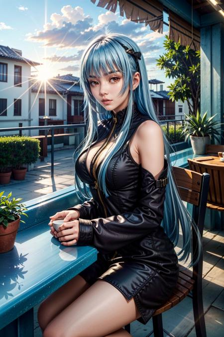 (masterpiece, best quality:1.3)
<lora:epi_noiseoffset2:1> <lora:add_detail:0.7>  <lora:KOFKula:0.8>
KOFKula, 1girl, solo, blue hair, bangs, cafe terrace, morning, peaceful and serene with soft morning sunlight