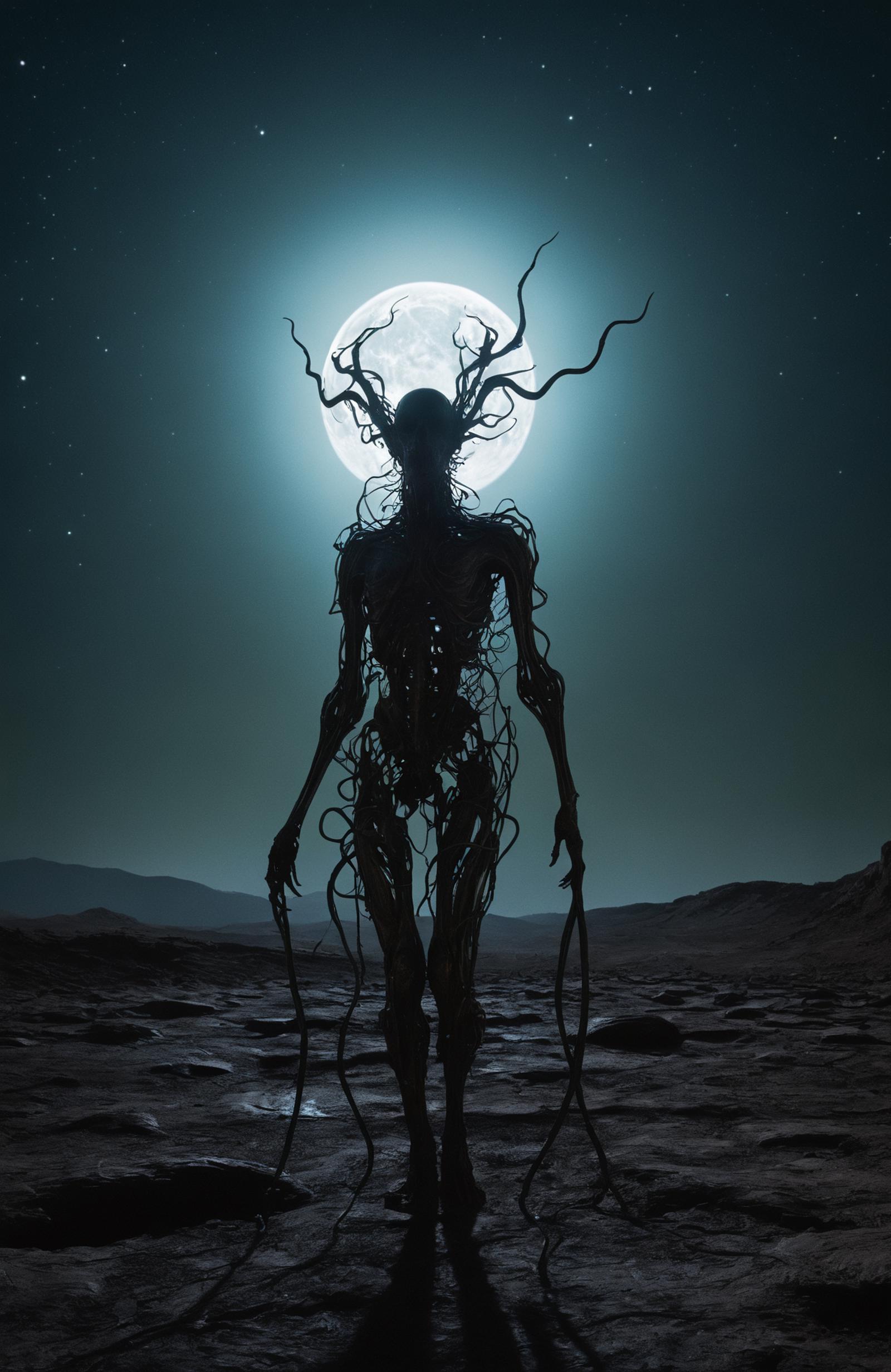 A Moonlit Scene of a Tree-like Skeleton Figure with Long Chains and Roots