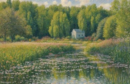 (impressionism:1), a painting,scene painting,scenery, farm ,arboretum ,boscage ,garden ,clump , Wetland ,