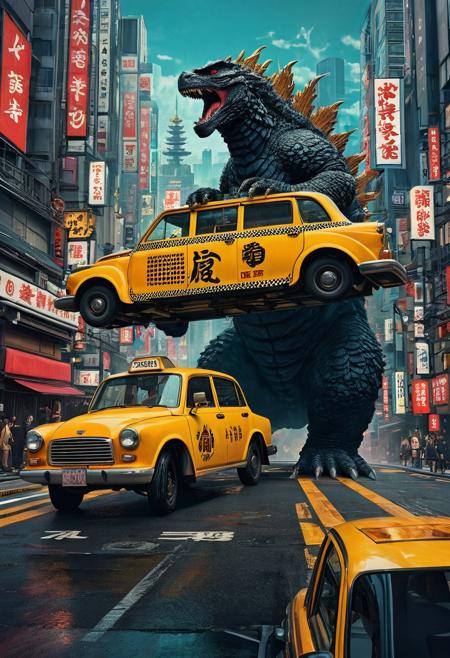 Ukiyo-e Japanese woodblock print art of Godzilla in the streets of Tokyo lifting a taxi over his head. Bold Colors and flowing lines, detailed matte painting, deep color, fantastical, intricate detail, splash screen, complementary colors, fantasy concept art, 8k resolution trending on Artstation Unreal Engine 5