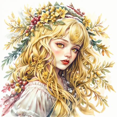 GachasplashMistletoe, 1girl, solo, long hair, looking at viewer, blonde hair, hair ornament, brown eyes, flower, parted lips, hair flower, lips, makeup, leaf, lipstick, portrait, red lips,  yellow flower, drawstring, mistletoe, yellow theme, wreath, frost, snow, watercolor painting