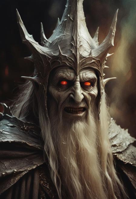 Close Up shot of the Witch King from The Lord of the Rings, Low saturation color photography, vintage, grunge, top light, masterful painting in the style of Anders Zorn | Marco Mazzoni | Yuri Ivanovich, Todd McFarlane, Aleksi Briclot, oil on canvas, evil smile, glowing eyes